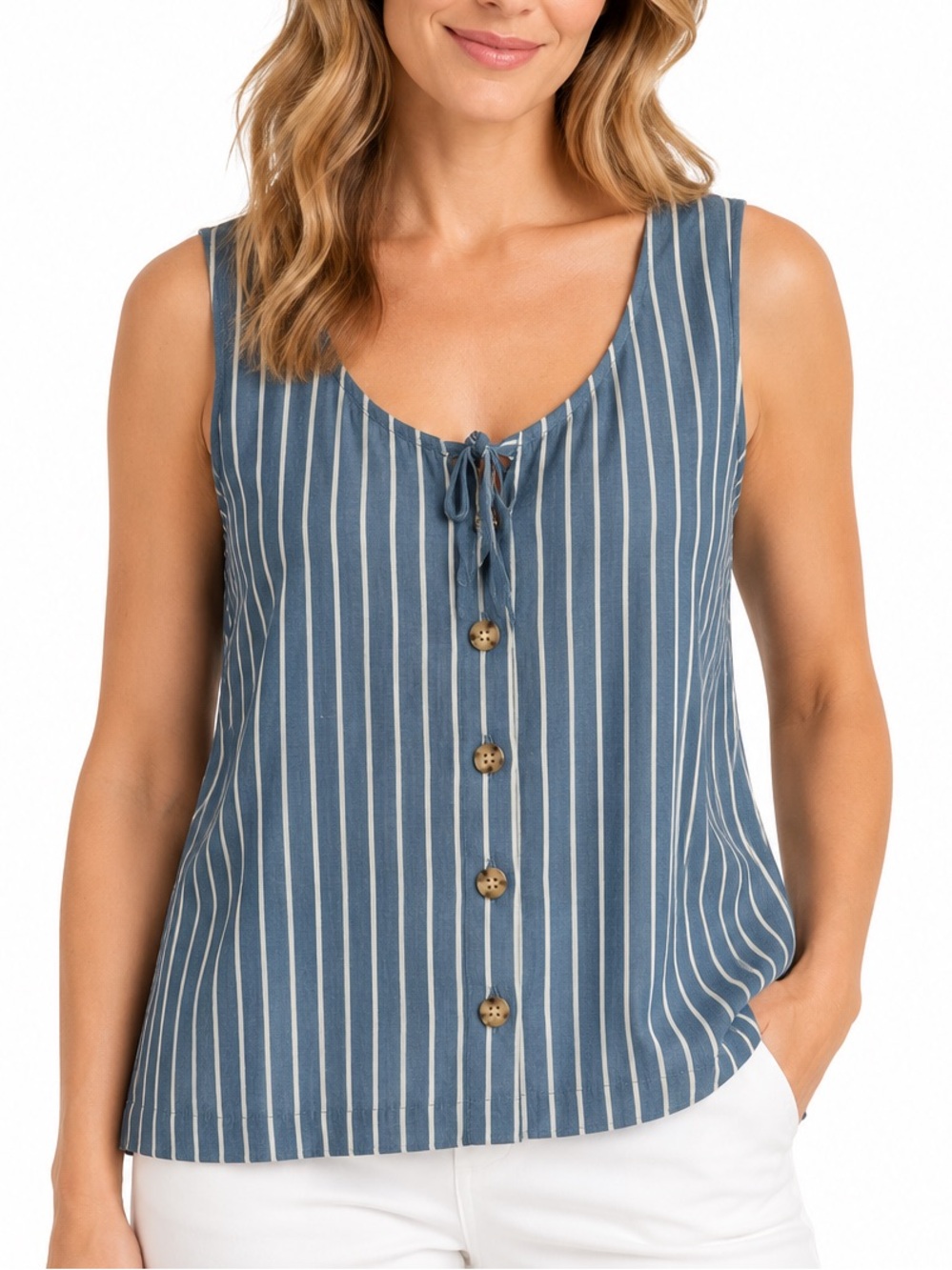 J.Jill Blue White Striped Sleeveless Top With Front Tie Detail Size Large